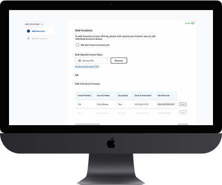 Desktop display of investor management software for Reg D Services, showing bulk upload and individual entry options for investors.