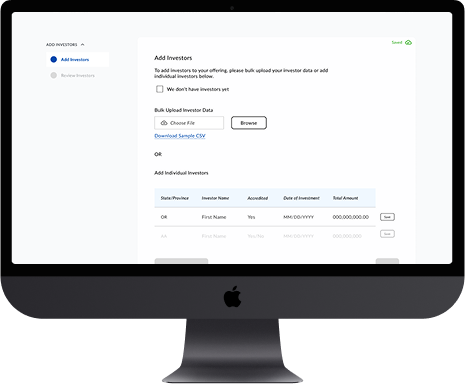 A Monitor displaying a web app for adding investors with bulk upload and individual data entry, essential for Reg D Services..