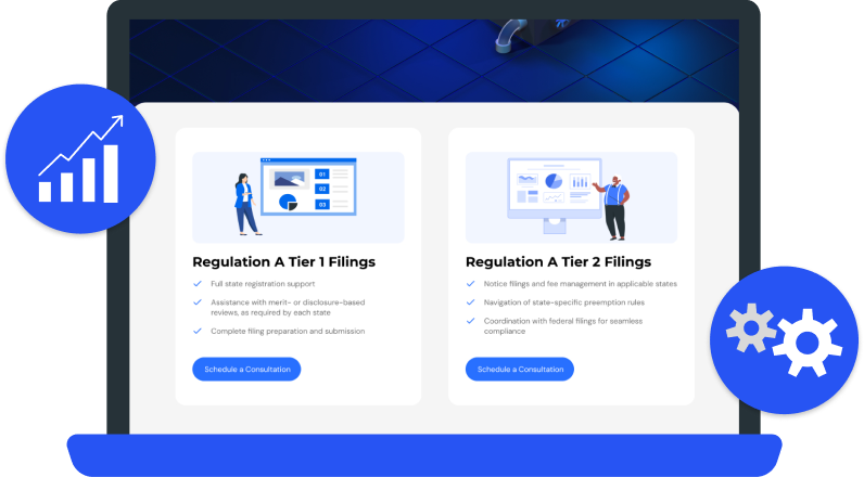 Laptop displaying "Regulation A Tier 1 &amp; 2 Filings" services for Reg A offering compliance, with growth and efficiency icons.