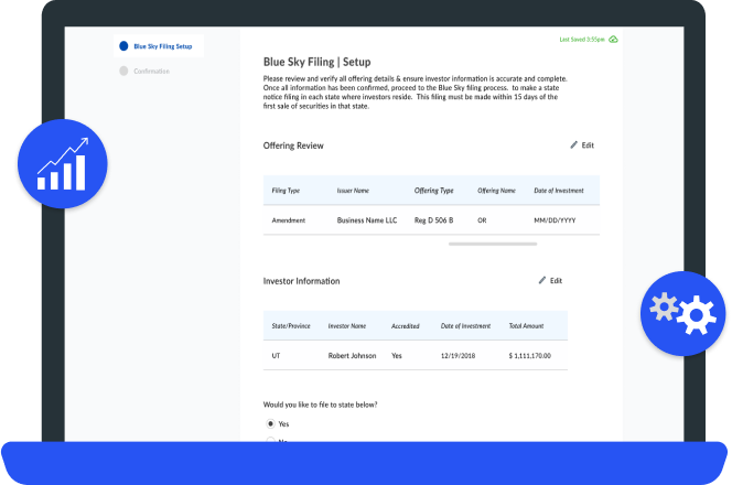 Blue Sky Filing setup showing offering &amp; investor roster along with state filing requirements
