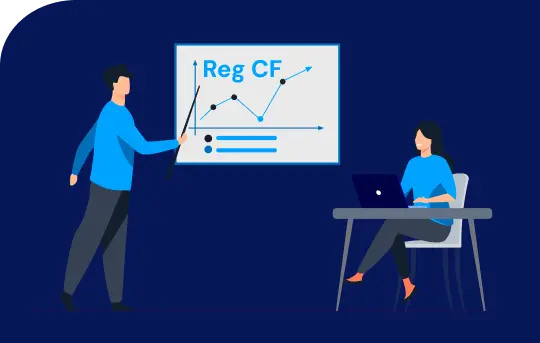 Man explains Reg CF growth chart to a woman using a laptop, illustrating investment trends and crowdfunding strategy.