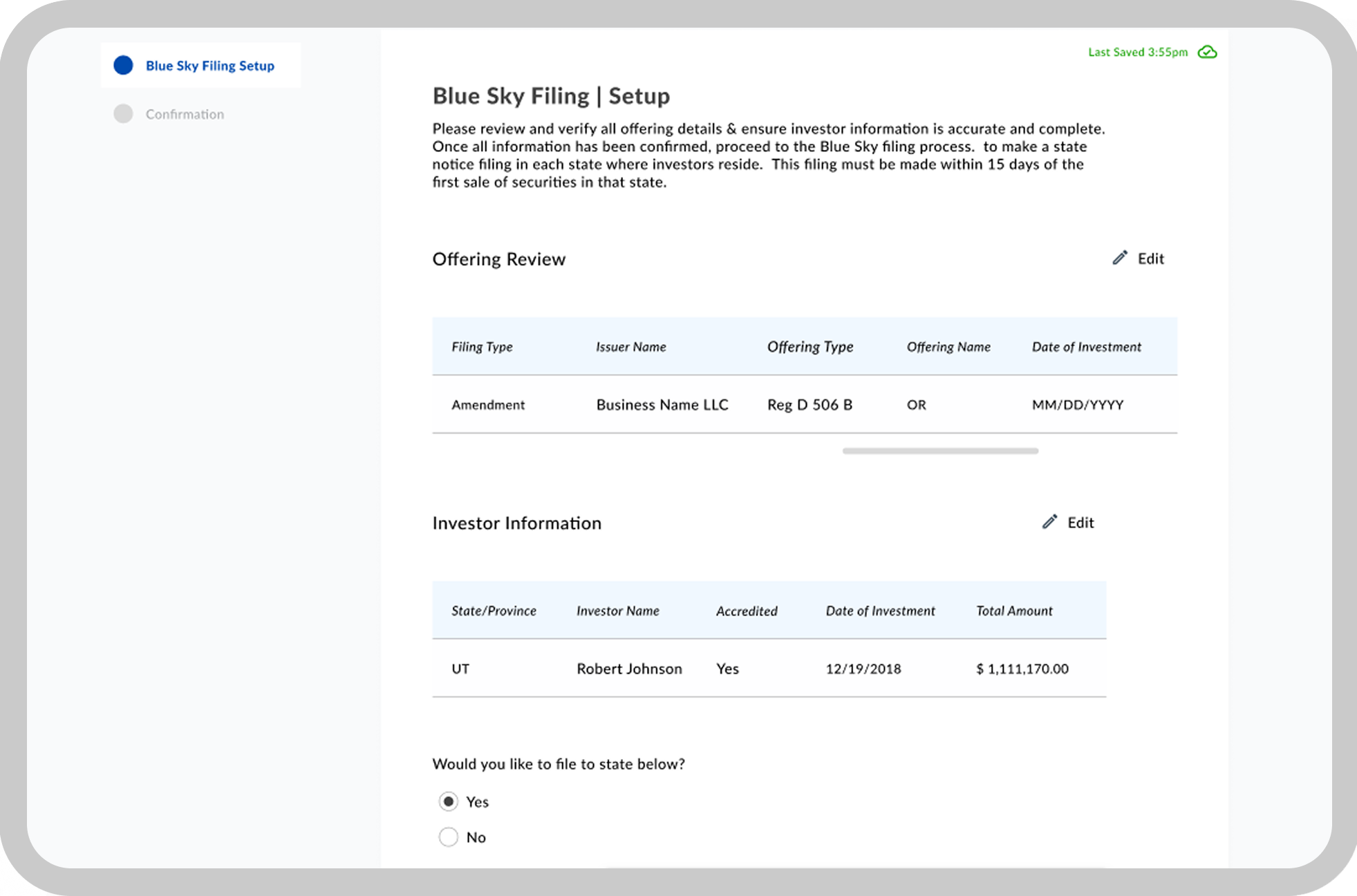 Blue Sky Filing setup showing offering &amp; investor roster along with state filing requirements